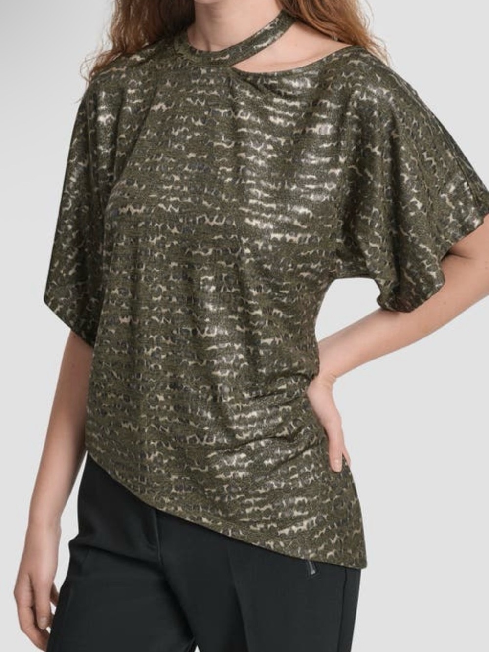 DKNY Metallic Olive Cutout Sleeve Top NWT
